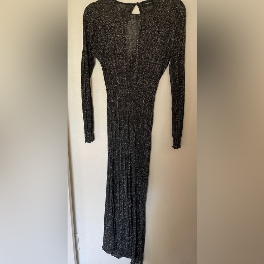 Zara Black w/ Silver Metallic Maxi Long Sleeve Knit Dress small